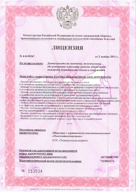 Лицензия МЧС Тюменьтехспецсервис Лицензия МЧС Тюменьтехспецсервис